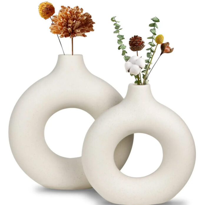 White Donut Vase/Office Desk/Flower Vase/Pampas Grass Vase/Reinforced Ceramic Vase, Round Shaped Vase, Home-Decor Centrepiece, Decor Showpiece 8 - Image 3