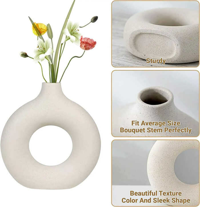 White Donut Vase/Office Desk/Flower Vase/Pampas Grass Vase/Reinforced Ceramic Vase, Round Shaped Vase, Home-Decor Centrepiece, Decor Showpiece 8 - Image 10