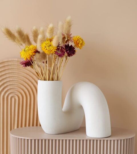 White Ceramic Flower Vase for Decor,Modern Minimalist Abstraction Vases, Centerpieces,Kitchen,Office, Living Room