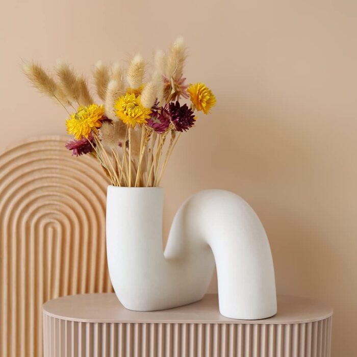 White Ceramic Flower Vase for Decor,Modern Minimalist Abstraction Vases, Centerpieces,Kitchen,Office, Living Room