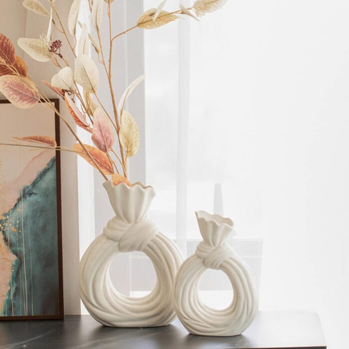 Unique Modern Nordic Elegant White Circle Round Flower Donut Ceramic Vases for Home Decor - Image 5