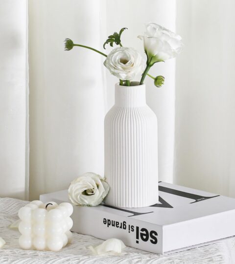 Ribbed Pipe Ceramic Vase, Flower Vase, Pampas Grass Vase, Vase for Money Plant Live Plants for Home, Office,