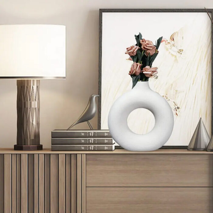 White Donut Vase/Office Desk/Flower Vase/Pampas Grass Vase/Reinforced Ceramic Vase, Round Shaped Vase, Home-Decor Centrepiece, Decor Showpiece 8 - Image 5