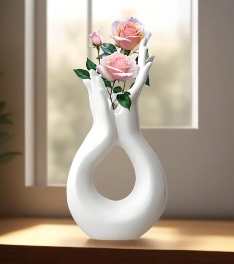 Elegant White Ceramic Hand Sculpture Vase – Modern Abstract Art Decor for Living Room, Office, or Entryway – High-Quality Handmade Centerpiece