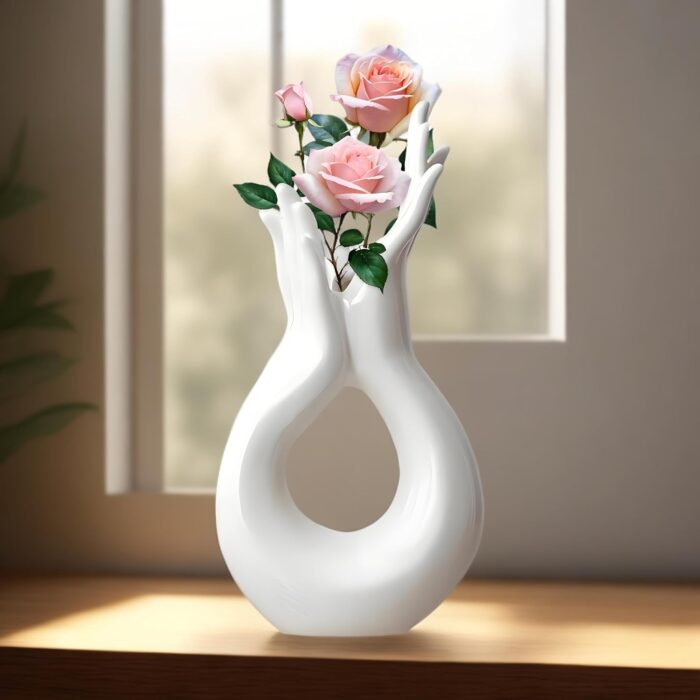 Elegant White Ceramic Hand Sculpture Vase – Modern Abstract Art Decor for Living Room, Office, or Entryway – High-Quality Handmade Centerpiece