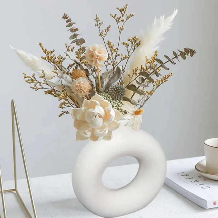 White Donut Vase/Office Desk/Flower Vase/Pampas Grass Vase/Reinforced Ceramic Vase, Round Shaped Vase, Home-Decor Centrepiece, Decor Showpiece 8 - Image 2
