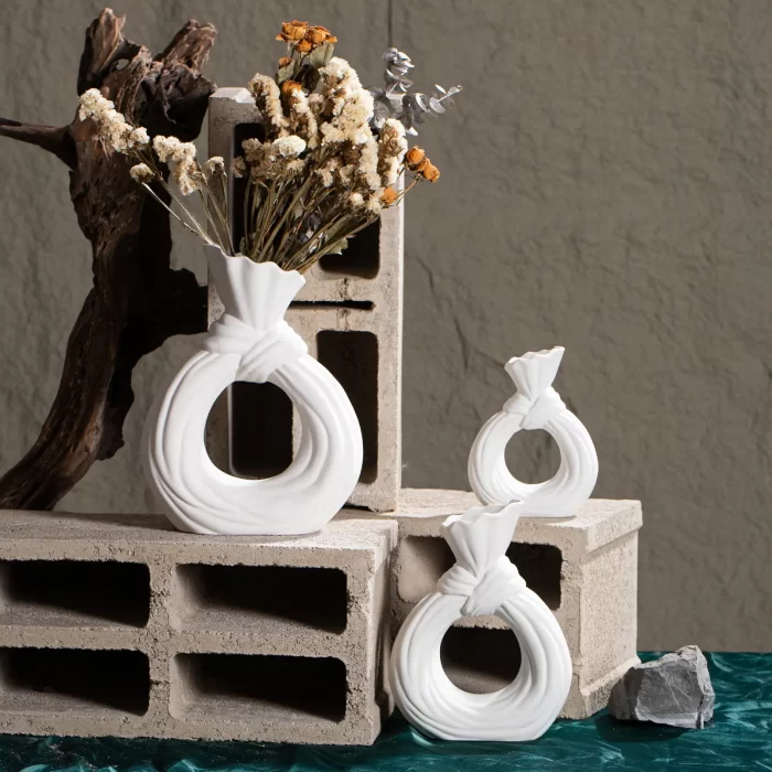 Unique Modern Nordic Elegant White Circle Round Flower Donut Ceramic Vases for Home Decor - Image 6