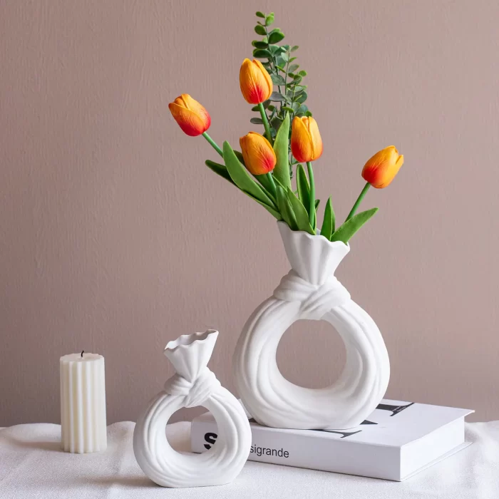 Unique Modern Nordic Elegant White Circle Round Flower Donut Ceramic Vases for Home Decor - Image 7