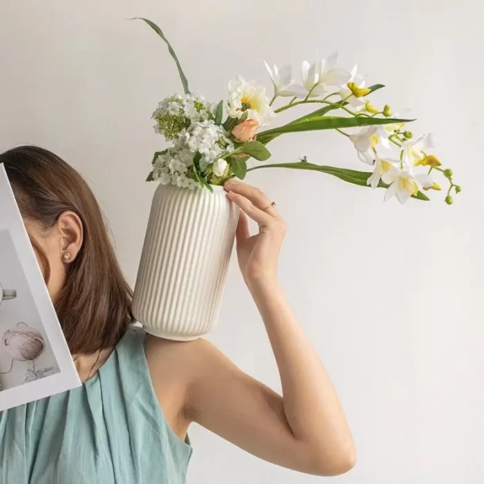 Ribbed Pipe Ceramic Vase, Flower Vase, Pampas Grass Vase, Vase for Money Plant Live Plants, Vase Home Decor Centrepiece Decor for Home, Office, or Gifts VASE - Image 5