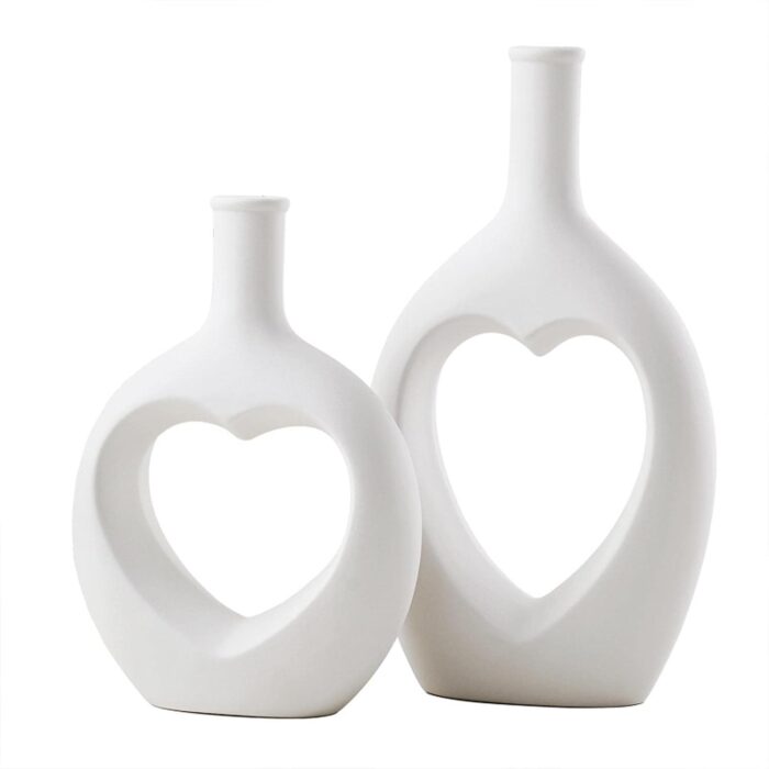 Heart-Shaped Ceramic Vase Set of 2 – Modern White Vases for Pampas Grass & Flowers, Nordic Minimalist Home & Wedding Decor - Image 3
