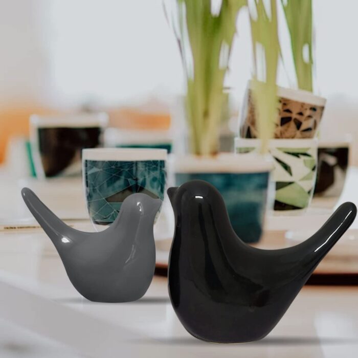 Ceramic Bird Figurine Set – Glossy Decorative Love Bird Statues for Home Decor, Tabletop, Office & Shelf Display (Pack of 2, Black & Grey / White)