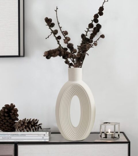 White Ceramic Ring Vase – Boho Nordic Style Decorative Flower Vase for Living Room or Table