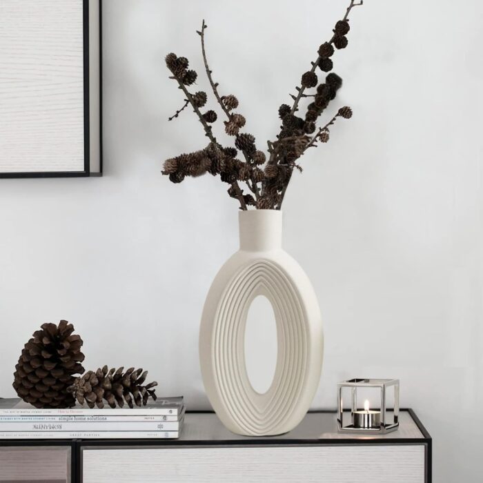 White Ceramic Ring Vase – Boho Nordic Style Decorative Flower Vase for Living Room or Table