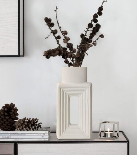 Modern Square Hollow Ceramic Vase – Minimalist Nordic Boho Style for Living Room, Shelf, Table, and Wedding Decor