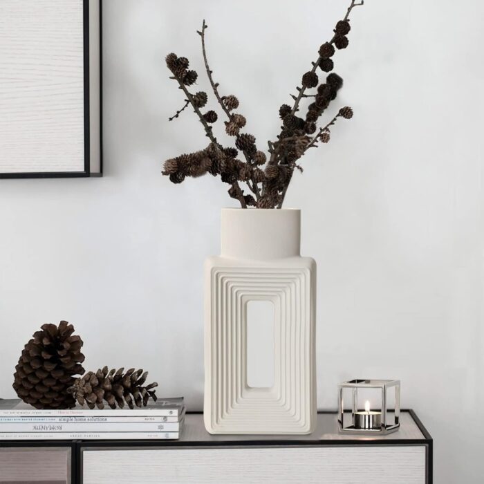 Modern Square Hollow Ceramic Vase – Minimalist Nordic Boho Style for Living Room, Shelf, Table, and Wedding Decor