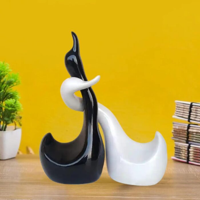 Modern Ceramic Swan Couple Figurine Set – Black & White Glossy Hugging Love Birds Home Decor Showpiece for Living Room, Bedroom, Office, Gifting (Pack of 2) - Image 2