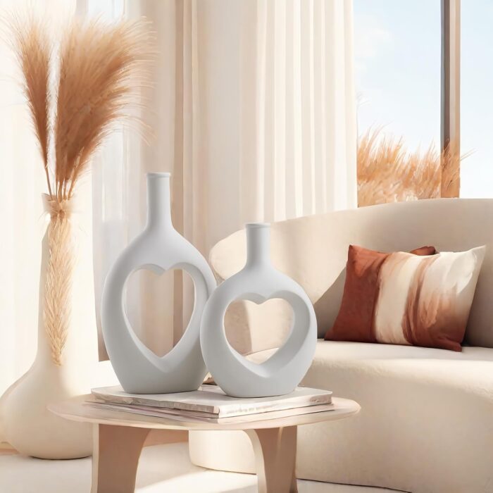 Heart-Shaped Ceramic Vase Set of 2 – Modern White Vases for Pampas Grass & Flowers, Nordic Minimalist Home & Wedding Decor - Image 6