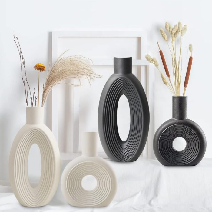 White Ceramic Ring Vase – Boho Nordic Style Decorative Flower Vase for Living Room or Table - Image 8