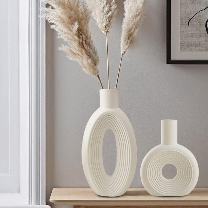 White Ceramic Ring Vase – Boho Nordic Style Decorative Flower Vase for Living Room or Table - Image 9