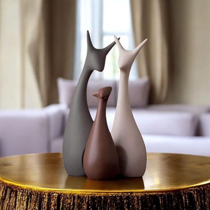 Ceramic Deer Family Figurines – Modern Minimalist Decorative Set of 3 Sculptures for Home & Office Tabletop Decor