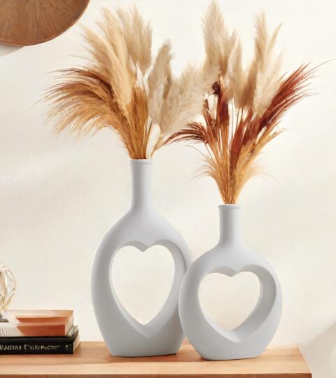 Heart-Shaped Ceramic Vase Set of 2 – Modern White Vases for Pampas Grass & Flowers, Nordic Minimalist Home & Wedding Decor