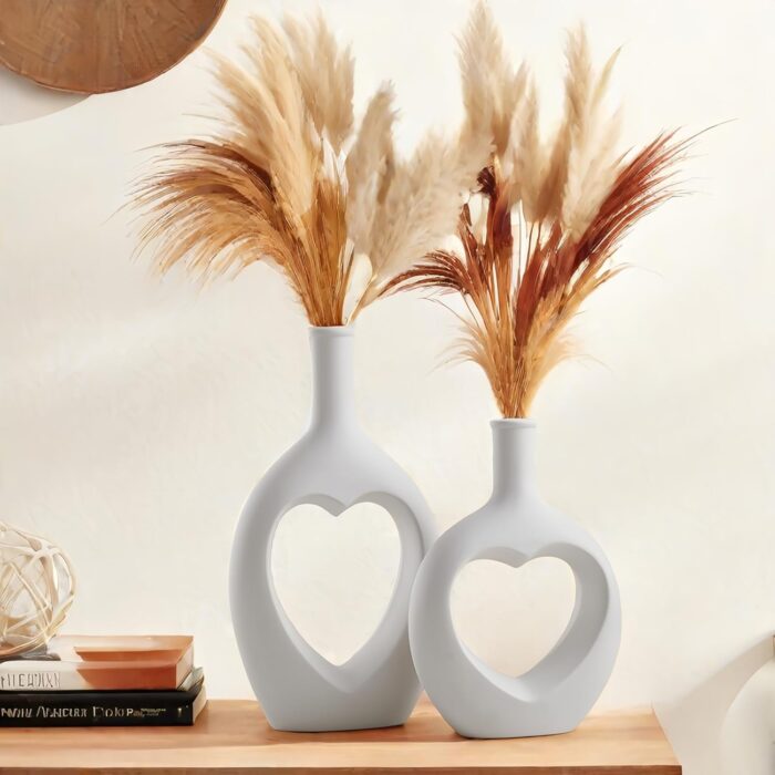 Heart-Shaped Ceramic Vase Set of 2 – Modern White Vases for Pampas Grass & Flowers, Nordic Minimalist Home & Wedding Decor