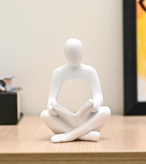 Modern Abstract Thinker Statue with Book – White Ceramic Figurine for Office Desk, Bookshelf, or Study Decor