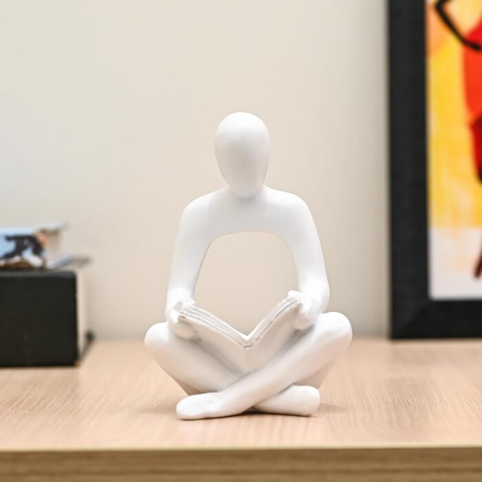 Modern Abstract Thinker Statue with Book – White Ceramic Figurine for Office Desk, Bookshelf, or Study Decor