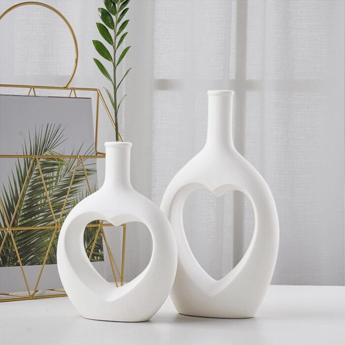 Heart-Shaped Ceramic Vase Set of 2 – Modern White Vases for Pampas Grass & Flowers, Nordic Minimalist Home & Wedding Decor - Image 7