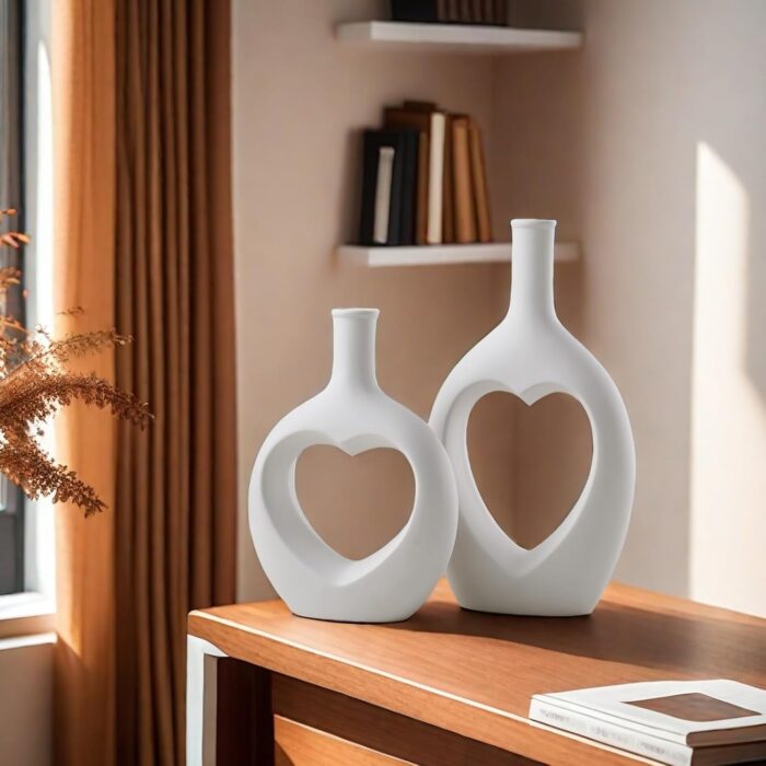 Heart-Shaped Ceramic Vase Set of 2 – Modern White Vases for Pampas Grass & Flowers, Nordic Minimalist Home & Wedding Decor - Image 8