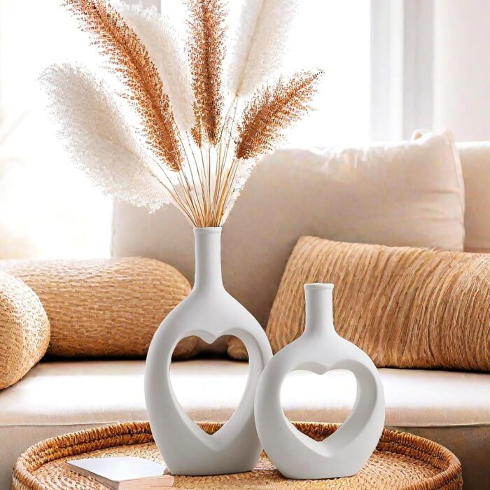 Heart-Shaped Ceramic Vase Set of 2 – Modern White Vases for Pampas Grass & Flowers, Nordic Minimalist Home & Wedding Decor - Image 10