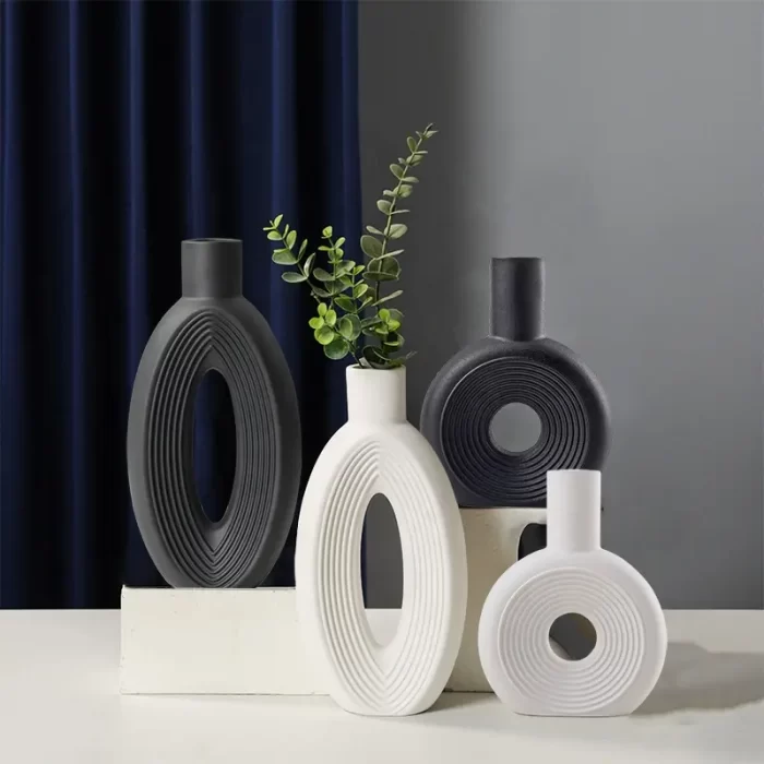 White Ceramic Ring Vase – Boho Nordic Style Decorative Flower Vase for Living Room or Table - Image 4