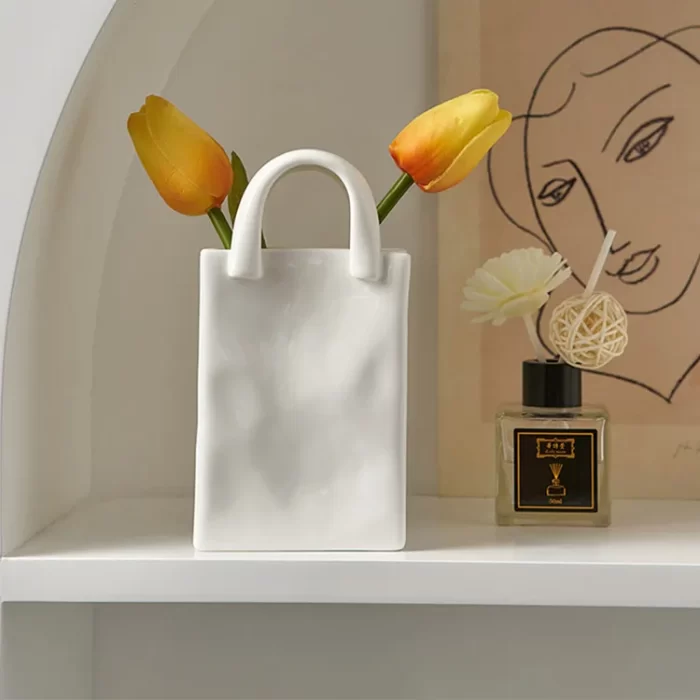 Handbag-Shaped Ceramic Vase – Modern White Porcelain Flower Vase for Tabletop Decor, Makeup Brush Holder, or Dried Flower Arrangement - Image 5