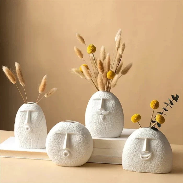 Abstract Face Ceramic Vase Set of 2 – Modern White Textured Planters with Minimalist Expression Design for Home, Shelf, and Table Decor - Image 4