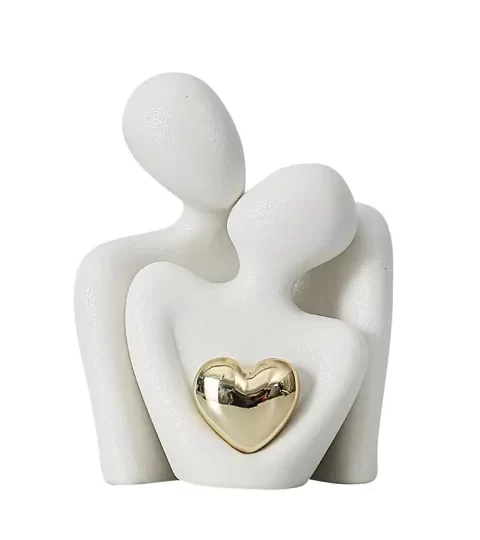 Modern Ceramic Hugging Couple Statue with Golden Heart – Abstract Romantic Lovers Figurine for Home Decor, Anniversary & Gifting – Set of 2 (Black & White)