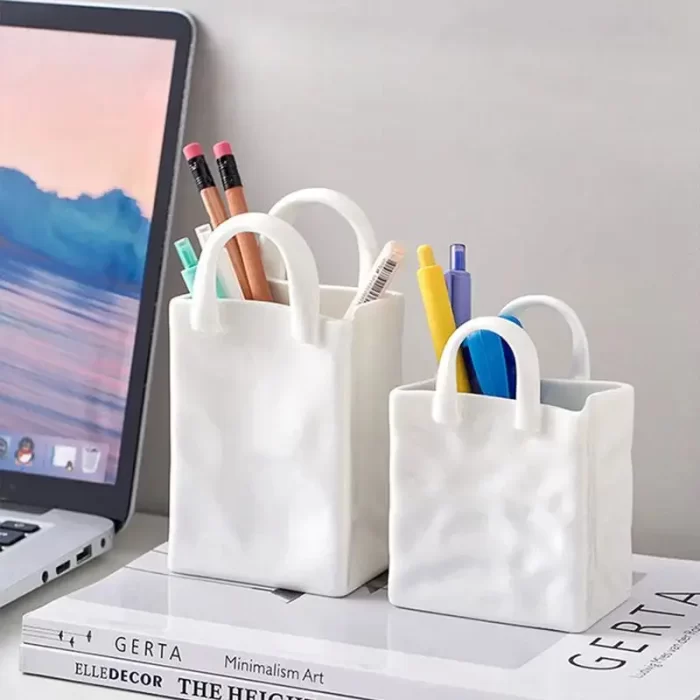 Handbag-Shaped Ceramic Vase – Modern White Porcelain Flower Vase for Tabletop Decor, Makeup Brush Holder, or Dried Flower Arrangement - Image 9