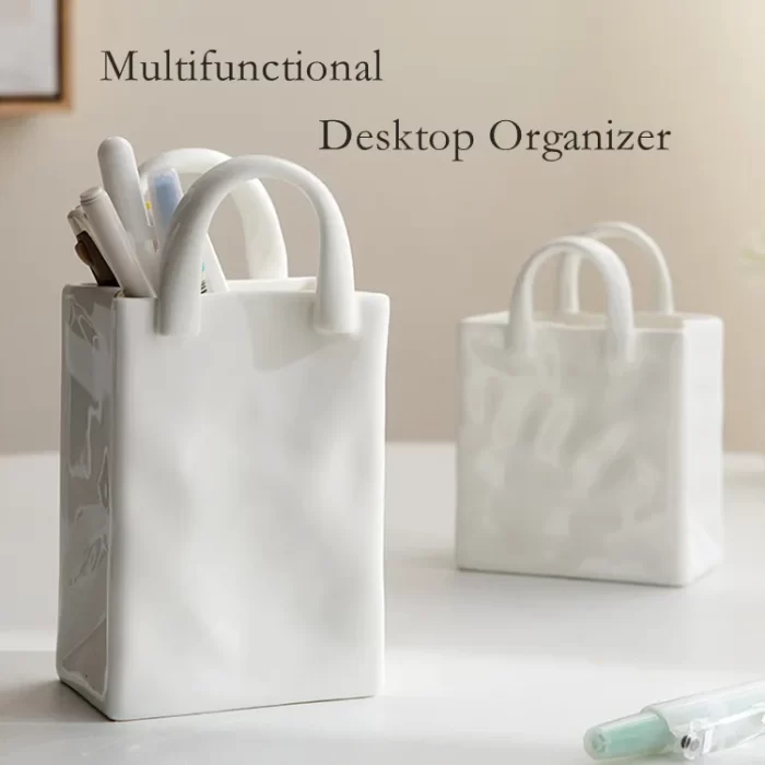 Handbag-Shaped Ceramic Vase – Modern White Porcelain Flower Vase for Tabletop Decor, Makeup Brush Holder, or Dried Flower Arrangement - Image 3