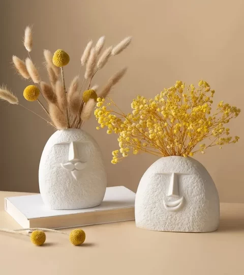 Abstract Face Ceramic Vase Set of 2 – Modern White Textured Planters with Minimalist Expression Design for Home, Shelf, and Table Decor