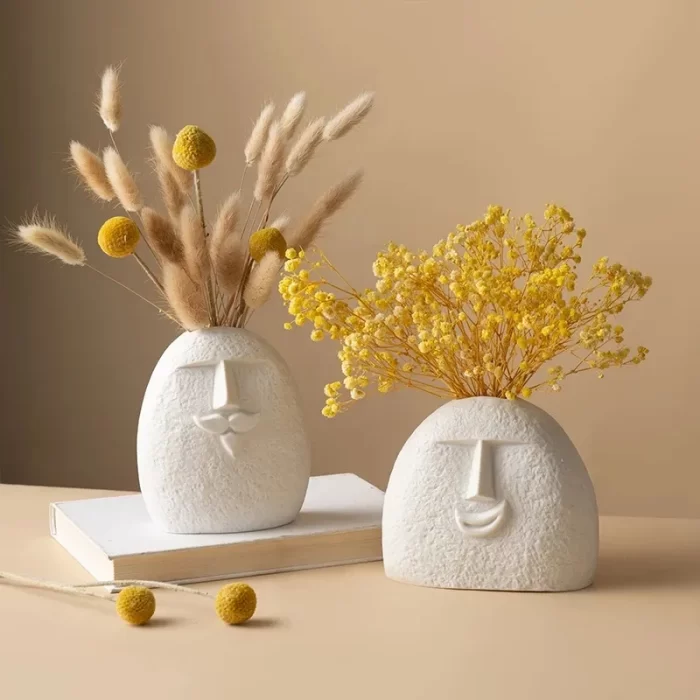Abstract Face Ceramic Vase Set of 2 – Modern White Textured Planters with Minimalist Expression Design for Home, Shelf, and Table Decor