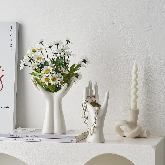 White Ceramic Hand Vase – Modern Art Hand-Shaped Bud Vase for Dried Flowers & Tabletop Decor - Image 4