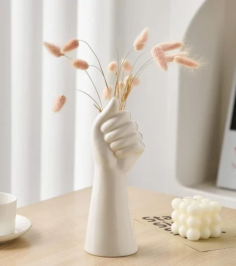 White Ceramic Hand Vase – Modern Art Hand-Shaped Bud Vase for Dried Flowers & Tabletop Decor