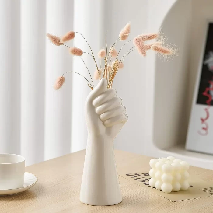 White Ceramic Hand Vase – Modern Art Hand-Shaped Bud Vase for Dried Flowers & Tabletop Decor