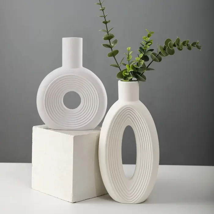 White Ceramic Ring Vase – Boho Nordic Style Decorative Flower Vase for Living Room or Table - Image 3