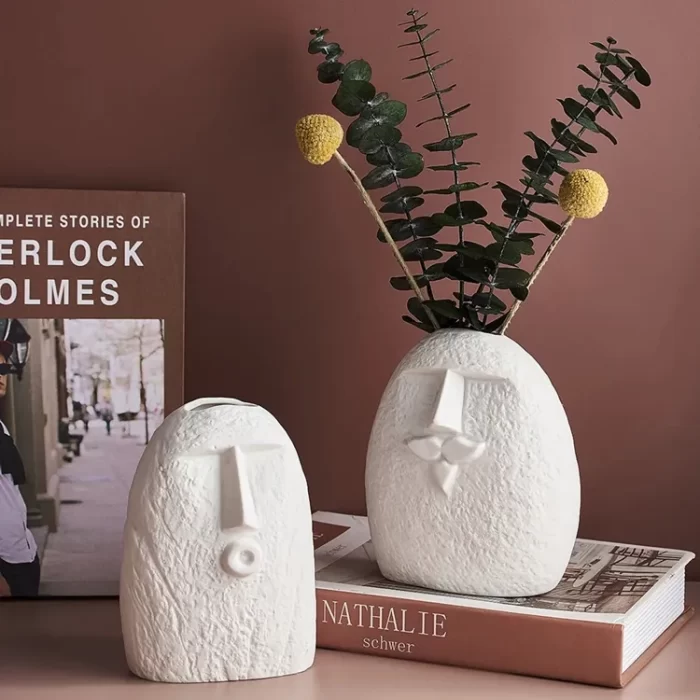 Abstract Face Ceramic Vase Set of 2 – Modern White Textured Planters with Minimalist Expression Design for Home, Shelf, and Table Decor - Image 5