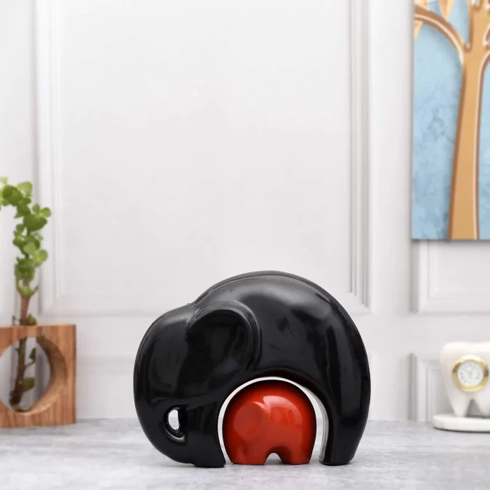 Ceramic Elephant Mother and Baby Figurine Set – Modern Glossy Finish Showpiece for Home & Office Decor (Black & Red/Grey) - Image 7