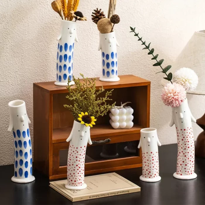 Cute Cartoon Figure Ceramic Vase – Handmade Face Design Vases for Home Decor, Dry Flowers & Tabletop Display - Image 7